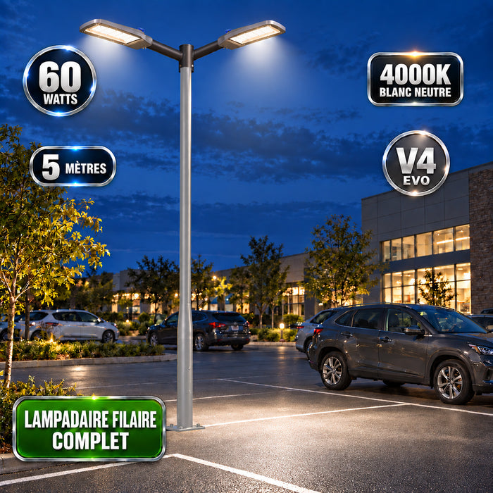 Pack lampadaire filaire complet double tête 3/4/5/6 mètres au choix : 2x Lampadaires LED filaires Série FLEX V4 EVO - Avec capteur crépusculaire + Mât STANDARD V4 EVO - Entraxe des trous 200mm - Noir / Gris + Adaptateur en ligne ou perpendiculaire