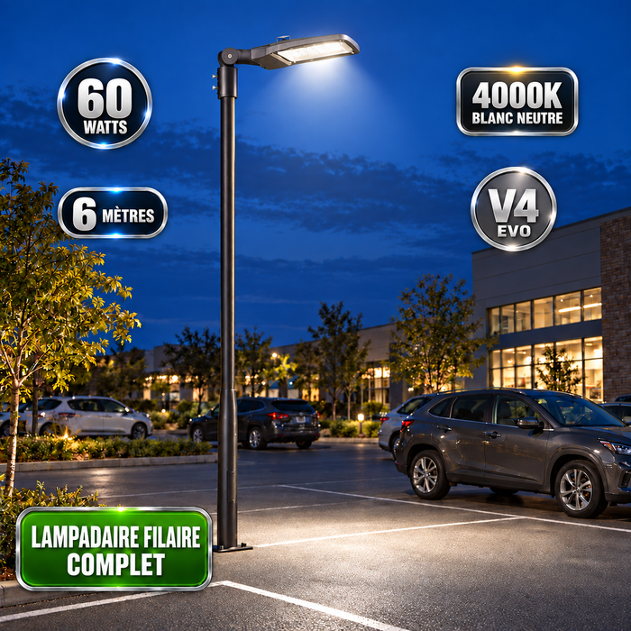 Pack lampadaire filaire complet 3/4/5/6 mètres au choix : Lampadaire LED filaire Série FLEX V4 EVO - Avec capteur crépusculaire + Mât STANDARD V4 EVO - Entraxe des trous 200mm - Noir ou Gris