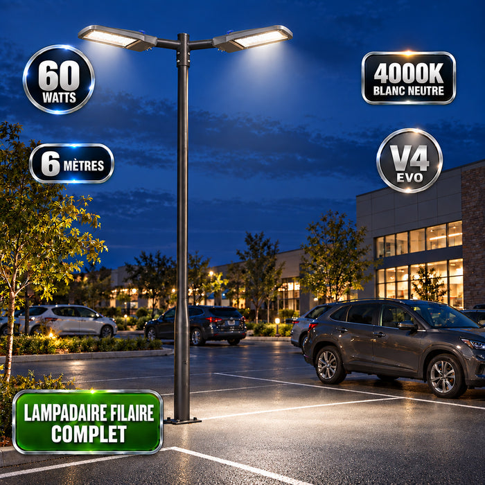 Pack lampadaire filaire complet double tête 3/4/5/6 mètres au choix : 2x Lampadaires LED filaires Série FLEX V4 EVO - Avec capteur crépusculaire + Mât STANDARD V4 EVO - Entraxe des trous 200mm - Noir / Gris + Adaptateur en ligne ou perpendiculaire