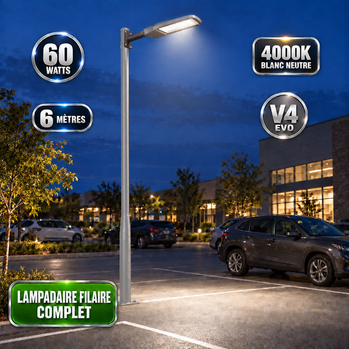 Pack lampadaire filaire complet 3/4/5/6 mètres au choix : Lampadaire LED filaire Série FLEX V4 + Mât STANDARD V4 EVO - Entraxe des trous 200mm - Noir ou Gris