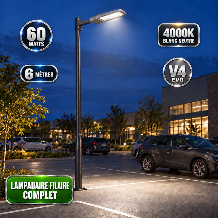 Pack lampadaire filaire complet 3/4/5/6 mètres au choix : Lampadaire LED filaire Série FLEX V4 + Mât STANDARD V4 EVO - Entraxe des trous 200mm - Noir ou Gris