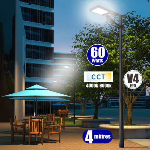 Pack lampadaire solaire complet 4 mètres : Lampadaire LED hybride - Série HYBRID V1 - Solaire & Filaire - CCT - 60 Watts - 9600 Lumens - Mât STANDARD V4 ECO 4 mètres + Support déporté 60mm