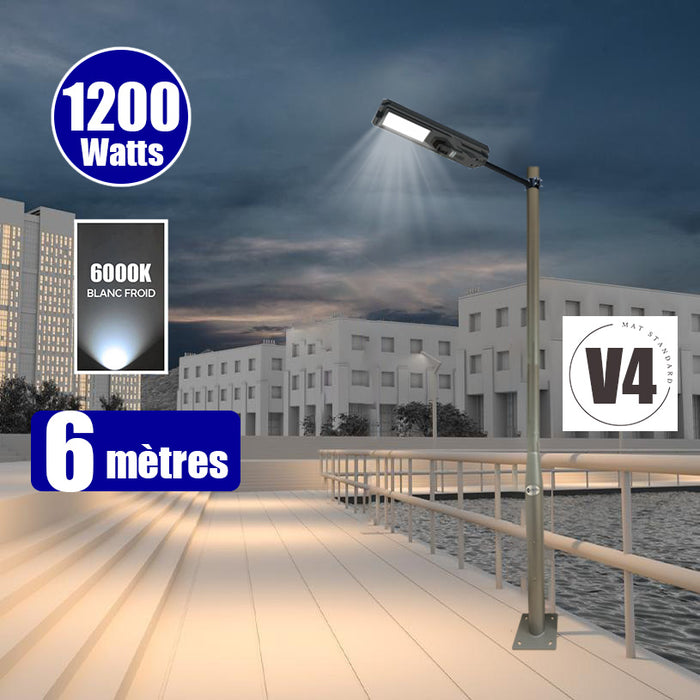 Pack lampadaire solaire complet 3/4/5/6 mètres au choix : Lampe solaire Série STARSHIP + Mât EVO - Entraxe des trous 200mm - Noir