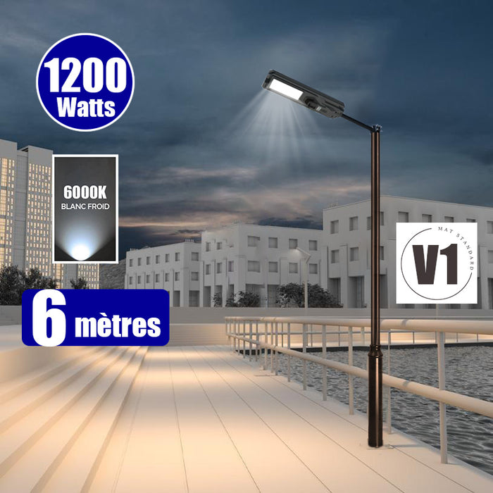 Pack lampadaire solaire complet 3/4/5/6 mètres au choix : Lampe solaire Série STARSHIP + Mât EVO - Entraxe des trous 200mm - Noir