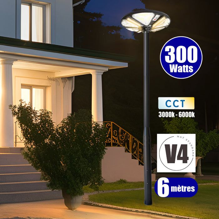 Pack lampadaire solaire complet 3/4/5/6 mètres au choix : Lampe solaire Série OVNI TRICOLORE + Mât EVO - Entraxe des trous 200mm - Noir