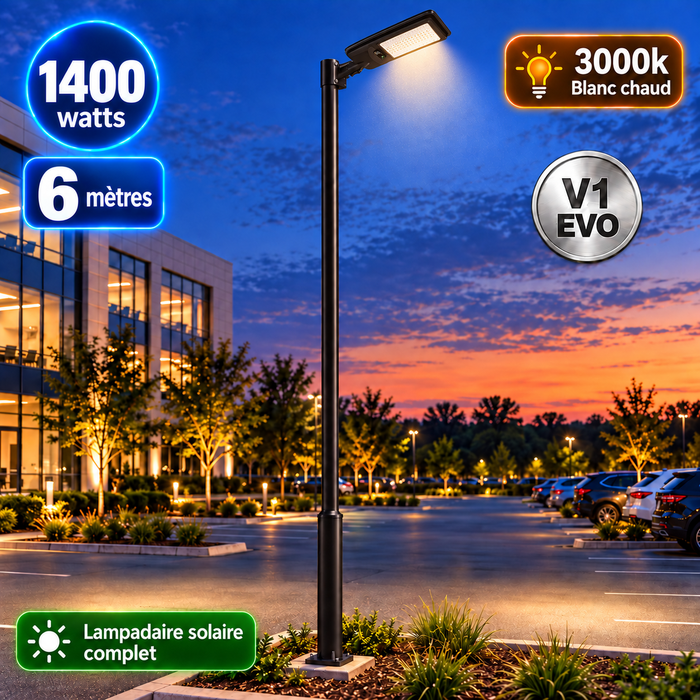 Pack lampadaire solaire complet 3/4/5/6 mètres au choix : Lampe solaire Série VIEW V2 EVO + Mât STANDARD V1 EVO - Entraxe des trous 200mm + Adaptateur ajustable 80/50mm ou Support déporté 45mm