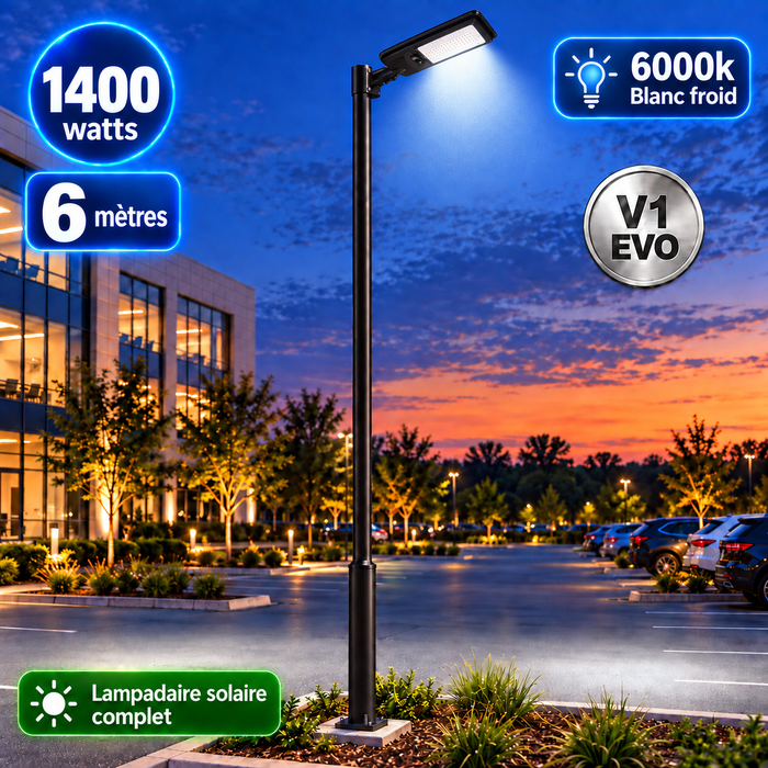 Pack lampadaire solaire complet 3/4/5/6 mètres au choix : Lampe solaire Série VIEW V2 EVO + Mât STANDARD V1 EVO - Entraxe des trous 200mm + Adaptateur ajustable 80/50mm ou Support déporté 45mm