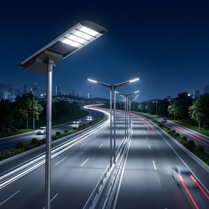 Lampe de rue solaire - Série HORIZON - 19 200 Lumens - 120 Watts - Couleur 6500K - Angle 150x70° - IP65 - Structure Aluminium - 1719 x 497 x 115 mm - Tube d'insertion 76mm - Régulateur MPPT - Garantie 3 ans