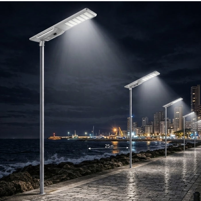 Lampe de rue solaire - Série STREET V3 - 20 000 Lumens - 100 Watts - Structure Aluminium - Dimensions 1603 x 408 x 150 mm - Panneau solaire 130W MONOCRISTALLIN - Autonomie 12 heures - Garantie 3 ans