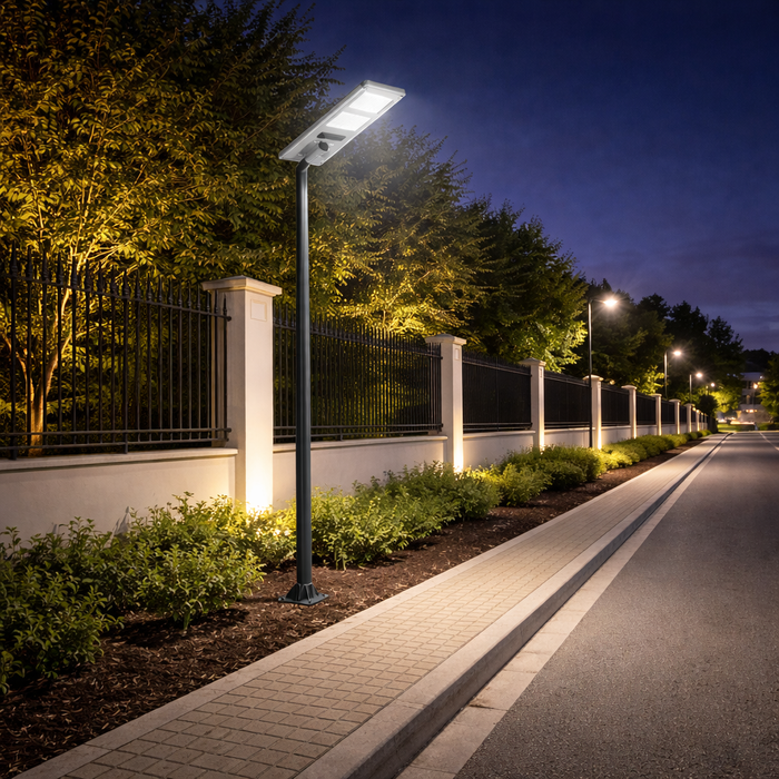 Lampe de rue solaire - Série VIBRATION - 2310 Lumens - 200 Watts - Structure Aluminium + ABS - Dimensions 820 x 255 mm - Panneau solaire 28W MONOCRISTALLIN - Autonomie 12 heures