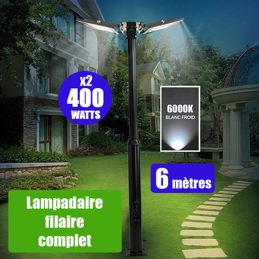 Pack lampadaire filaire complet double tête 6 mètres : 2x Projecteurs LED filaires Série ELITE 400 Watts - 6000k + Mât STANDARD V2 6 mètres - Avec TRAPPE
