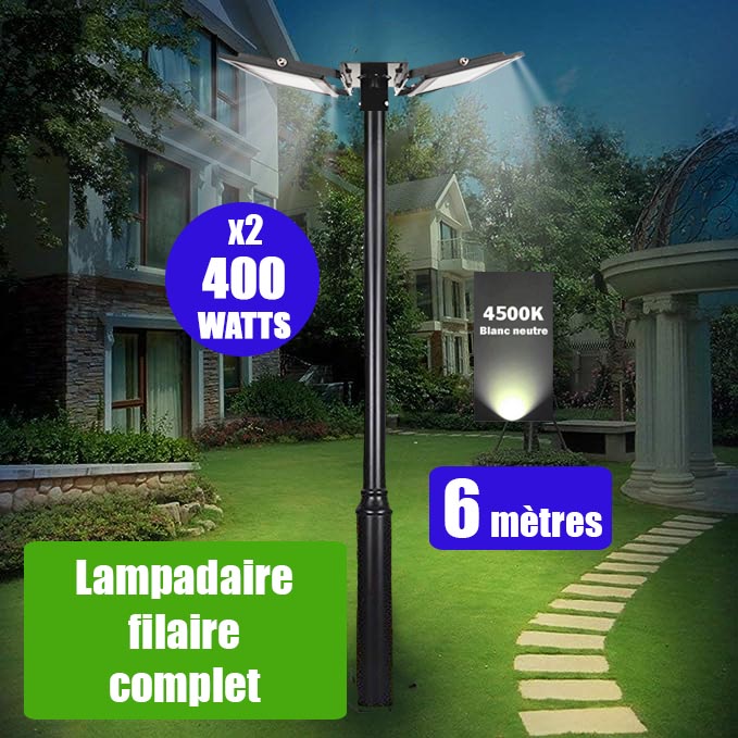 Pack lampadaire filaire complet double tête 6 mètres : 2x Projecteurs LED filaires Série ELITE 400 Watts - 4500k + Mât STANDARD 6 mètres