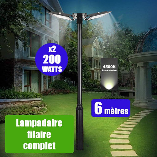 Pack lampadaire filaire complet double tête 6 mètres : 2x Projecteurs LED filaires Série ELITE 200 Watts - 4500k + Mât STANDARD V2 6 mètres - Avec TRAPPE