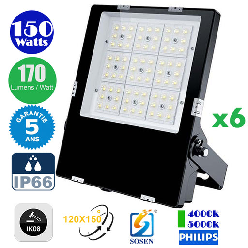 Pack de 6x Projecteurs LED Haute Puissance - Série CITY PLUS EVO 150 Watts - 25 500 Lumens - 170 Lumens/Watt - Angle  120x150° - IP66 - IK08 - 34 x 26 x 5 cm - Transformateur SOSEN - 4000k / 5000k au choix - Garantie 5 ans