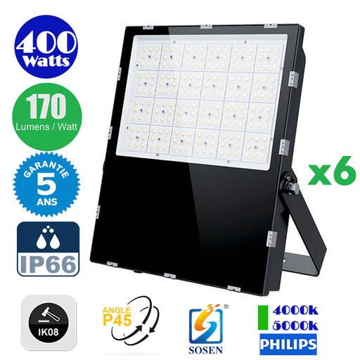 Pack de 6x Projecteurs LED Haute Puissance - Série CITY PLUS EVO 400 Watts - 68 000 Lumens - 170 Lumens/Watt - Angle  P45 - IP66 - IK08 - 50 x 41 x 7 cm - Transformateur SOSEN - 4000k / 5000k - Garantie 5 ans