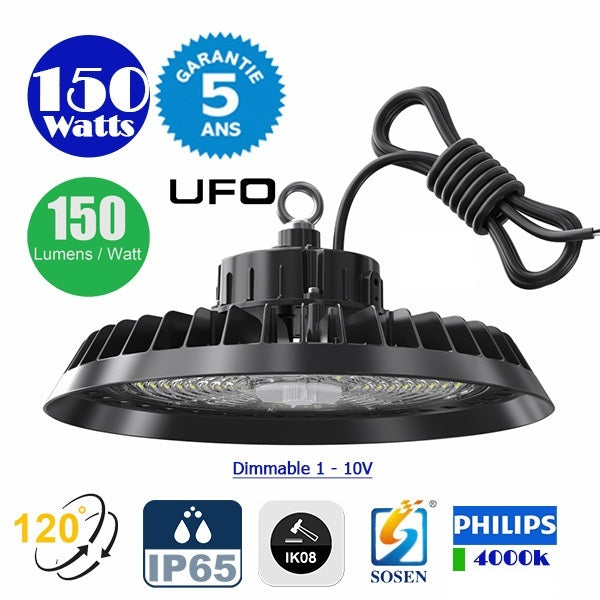 DERNIER DU STOCK : Lampe industrielle UFO - Série CROSSOVER V1 - 150 Watts - 22 500 Lumens - 150 Lumens/Watt - Angle 120° - IP65 - IK08 - 30 x 14 cm - Dimmable - Transformateur SOSEN - 5000k - Garantie 5 ans