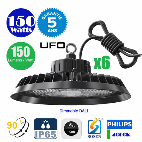 Pack de 6x Lampes industrielles UFO - Série CROSSOVER V1 - 150 Watts - 22 500 Lumens - 150 Lumens/Watt - Angle 90° - IP65 - IK08 - 30 x 14 cm - Dimmable DALI - Transformateur SOSEN - 4000k - Garantie 5 ans