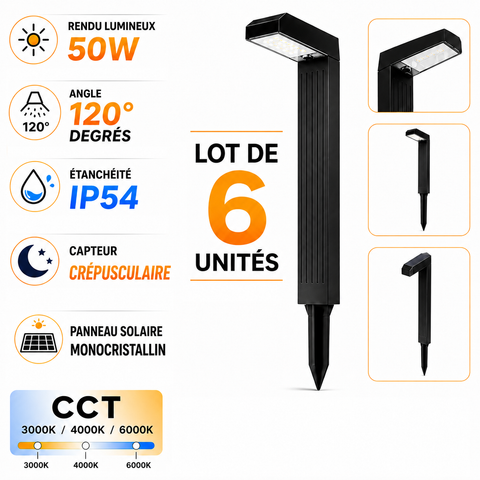 Lot de 6x Balises / Bornes solaires LED - Série BALIZ - CCT (Couleur Changeante en Température) - Rendu lumineux 50 Watts - 25 Lumens - Angle 120° - IP54 - 53 x 14 x 5cm - Avec capteur crépusculaire - Panneau MONOCRISTALLIN