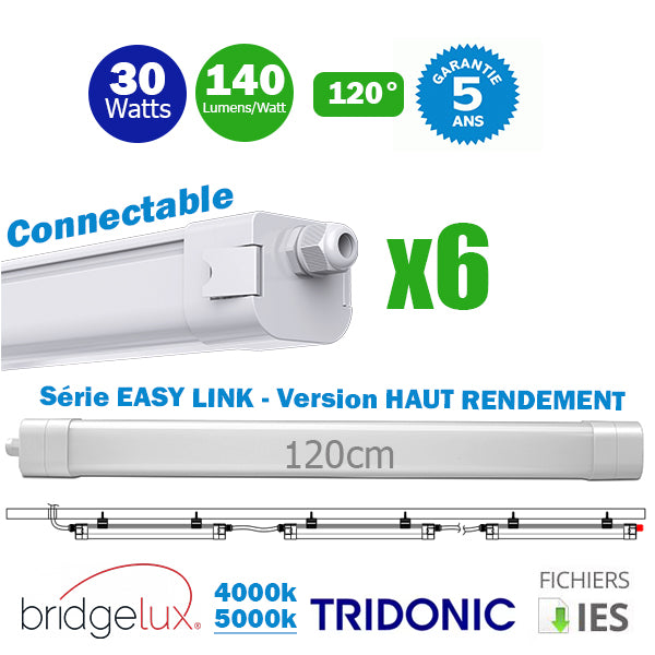 Pack de 6x Réglettes LED étanches connectables - Série EASY-LINK - Version HAUT RENDEMENT - 30 Watts - 4200 Lumens - 140 Lumens/Watt - 122 x 7 x 6 cm - Angle 120° - IP65 - 4000k / 5000k - Transformateur TRIDONIC - Garantie 5 ans