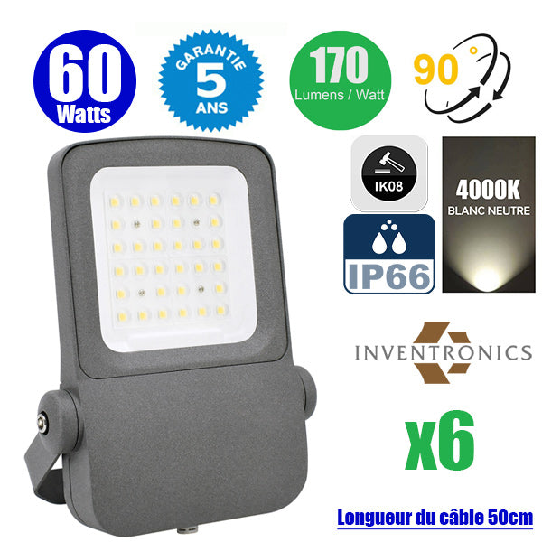 Pack de 6x Projecteurs LED filaires  - Série ELITE V2 - 60 Watts - 10 200 Lumens - 170 Lumens/Watt - Angle 90° - IP66 - IK08 - 32 x 22 x 5 cm - 4000K - Couleur GRIS - Transformateur INVENTRONICS - Garantie 5 ans