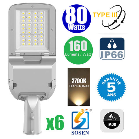 Pack de 6x Lampadaires LED Filaires Rotatifs - Série FLEX EVO - 80 Watts - 12 800 Lumens - 160 Lumens/Watt - Angle TPIII - IP66 - IK08 - 56 x 20 x 10 cm - 2700k - Transformateur SOSEN - Tube d'insertion 60mm - Garantie 5 ans