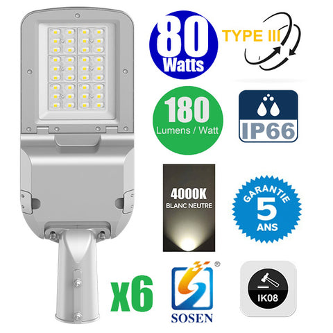 Pack de 6x Lampadaires LED Filaires Rotatifs - Série FLEX EVO - 80 Watts - 14 400 Lumens - 180 Lumens/Watt - Angle TPIII - IP66 - IK08 - 56 x 20 x 10 cm - 4000k - Transformateur SOSEN - Tube d'insertion 60mm - Garantie 5 ans