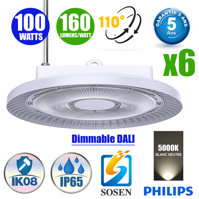 Pack de 6x Lampes industrielles UFO - Série WHITE - 100 Watts - 16 000 Lumens - 160 Lumens/Watt - Angle 110° - IP65 - Protection à l'impact IK08 - 38 x 13cm - 5000k - Transformateur SOSEN  - DALI - Garantie 5 ans