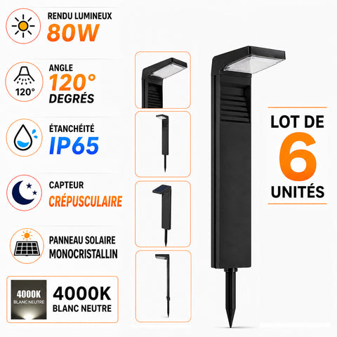 Lot de 6x Balises / Bornes solaires LED - Série BALIZ XL - Rendu lumineux 80 Watts - 200 Lumens - Angle 120° - IP65 - 41 x 16 x 9cm - 4000K - Avec capteur crépusculaire - 2 Modes d'éclairage - Panneau MONOCRISTALLIN