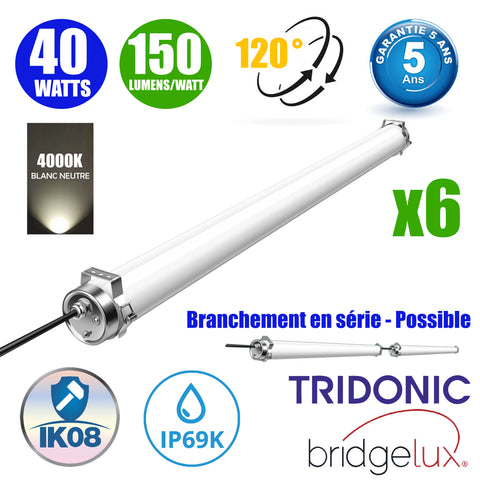 Pack de 6x Tubes LED étanches 120cm - Série TUBIX - 40 Watts - 6000 Lumens - 150 Lumens/watt - Angle 120°  - IP69K - 120 x 8 cm - Transformateur TRIDONIC - Branchement en Série Possible - 4000K - Garantie 5 ans