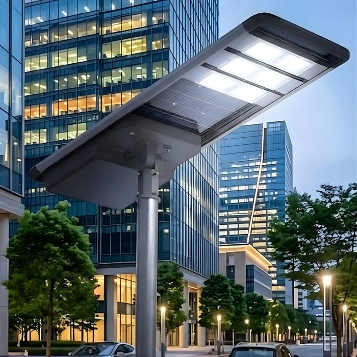 Lampe de rue solaire - Série HORIZON - 16 000 Lumens - 100 Watts - Couleur 6500K - Angle 150x70° - IP65 - Structure Aluminium - 1374 x 497 x 115 mm - Tube d'insertion 76mm - Régulateur MPPT - Garantie 3 ans