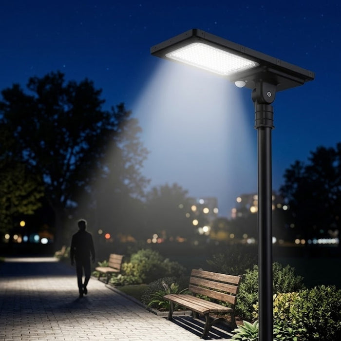 Lampadaire LED hybride - Série HYBRID V1 - Solaire & Filaire - 6600 Lumens - IP65 - Angle asymétrique 140ºx70° - CCT (6000k+4000k) - Avec détecteur de mouvement - Avec télécommande