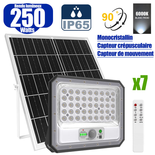 Pack de 7x Projecteurs LED solaires - Série SECURITY V2 - 250 Watts - 1500 Lumens - Angle 90° - IP65 - Lampe 26 x 21 x 4 cm - Panneau solaire MONOCRISTALLIN 30 x 21 x 2 cm - Avec détecteur de mouvement - Avec télécommande - Support ajustable - 6000k