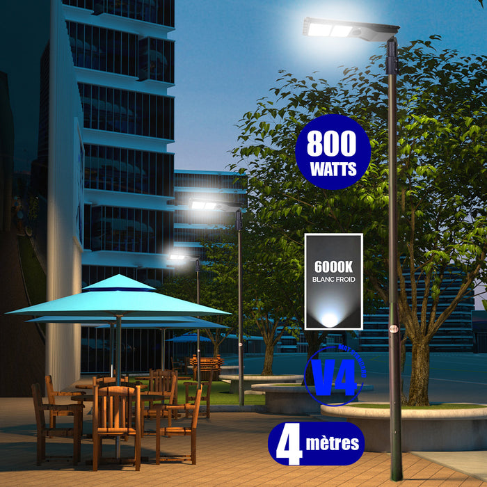 Pack lampadaire solaire complet 3/4/5/6 mètres au choix : Lampe solaire Série POWER EVO V2 + Mât EVO - Entraxe des trous 200mm - Noir