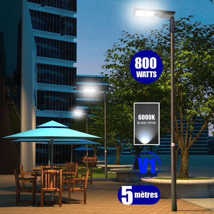 Pack lampadaire solaire complet 3/4/5/6 mètres au choix : Lampe solaire Série POWER EVO V2 + Mât EVO - Entraxe des trous 200mm - Noir