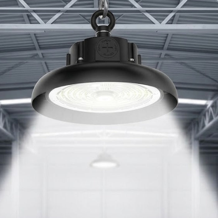 Lampe industrielle UFO - Série AVENIR V2 - Puissance ajustable 70 / 100 Watts - 21 000 Lumens - 210 Lumens/Watt - Angle 90° - IP65 - IK09 - 255 x 110 mm - 4000k / 5000k / 6000k au choix - Dimmable 1-10V - Transformateur PHILIPS - Garantie 5 ans