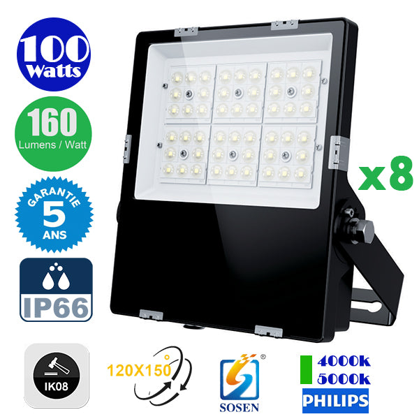 Pack de 8x Projecteurs LED Haute Puissance - Série CITY PLUS EVO 100 Watts - 16 000 Lumens - 160 Lumens/Watt - Angle  120x150° - IP66 - IK08 - 29 x 25 x 5 cm - Câble 1 mètre - Transformateur SOSEN - Garantie 5 ans