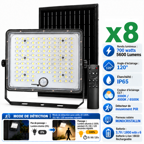 Pack de 8x Projecteurs LED solaires - Série SECURITY V5 - CCT - 700 Watts - 5600 Lumens - IP65 - Angle 120° - 33 x 27 x 8 cm - Panneau solaire MONOCRISTALLIN - Mode de détection sans veille 0-100% - Télécommande Multifonctions