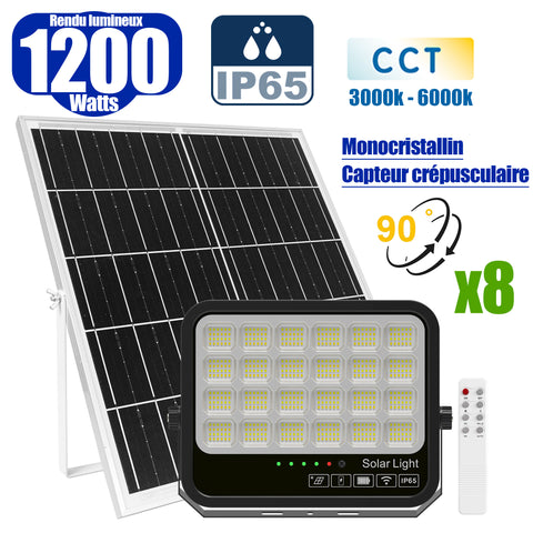 Pack de 8x Projecteurs LED solaires - Série AJUST V3 - CCT - Rendu lumineux 1200 Watts - 6300 Lumens - 90° - IP65 - Projecteur 35 x 26 x 5 cm - Panneau MONOCRISTALLIN 63 x 39 x 2 cm - Avec télécommande - Avec capteur crépusculaire