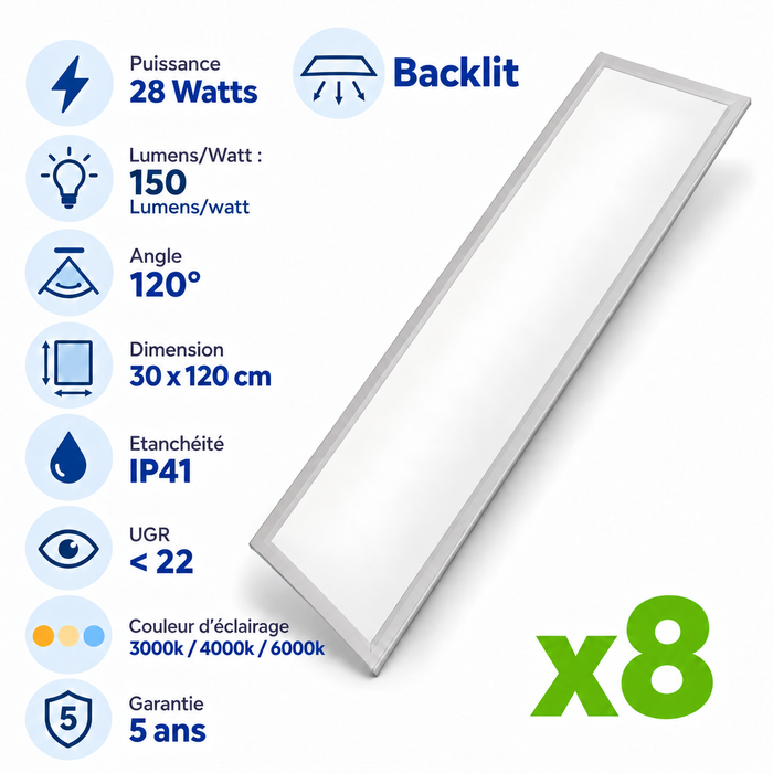 Pack de 8x Dalles LED - Dernière génération - BACKLIT - 30 x 120 cm - Série AMBITION L150 – 28 Watts - 4200 Lumens - 150 Lumens/Watt - Angle 120° - IP41 - UGR < 22 - 3000K / 4000K / 5000K - Garantie 5 ans