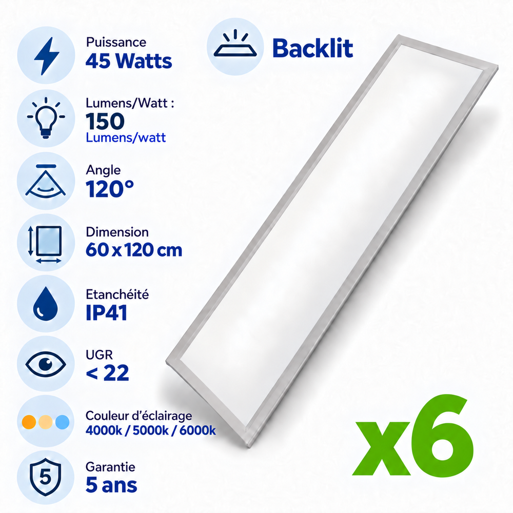 Pack de 6x Dalles LED - Dernière génération - BACKLIT - 60 x 120 cm - Série AMBITION L150 – 45 Watts - 6750 Lumens - 150 Lumens/Watt - Angle 120° - IP41 - UGR <22 - 4000k/5000k/6000k - Garantie 5 ans