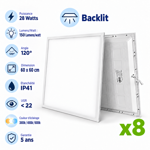 Pack de 8x Dalles LED - Ultra Haute Performance - BACKLIT - 60 x 60 cm - Série AMBITION L150 – 28 Watts -  4200 Lumens - 150 Lumens/Watt - Angle 120° - IP41 - UGR <22-  3000K/4000k/5000k/6000k - Garantie 5 ans