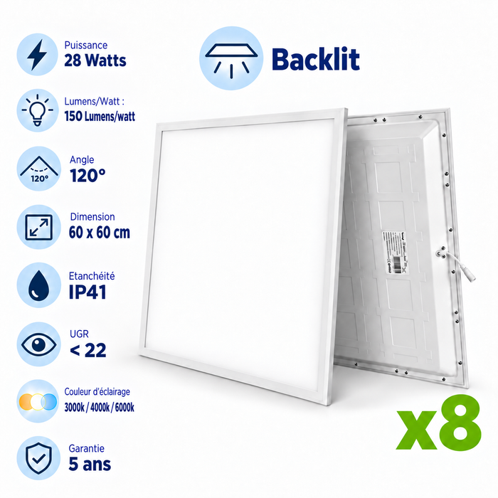 Pack de 8x Dalles LED - Ultra Haute Performance - BACKLIT - 60 x 60 cm - Série AMBITION L150 – 28 Watts -  4200 Lumens - 150 Lumens/Watt - Angle 120° - IP41 - UGR <22-  3000K/4000k/5000k/6000k - Garantie 5 ans