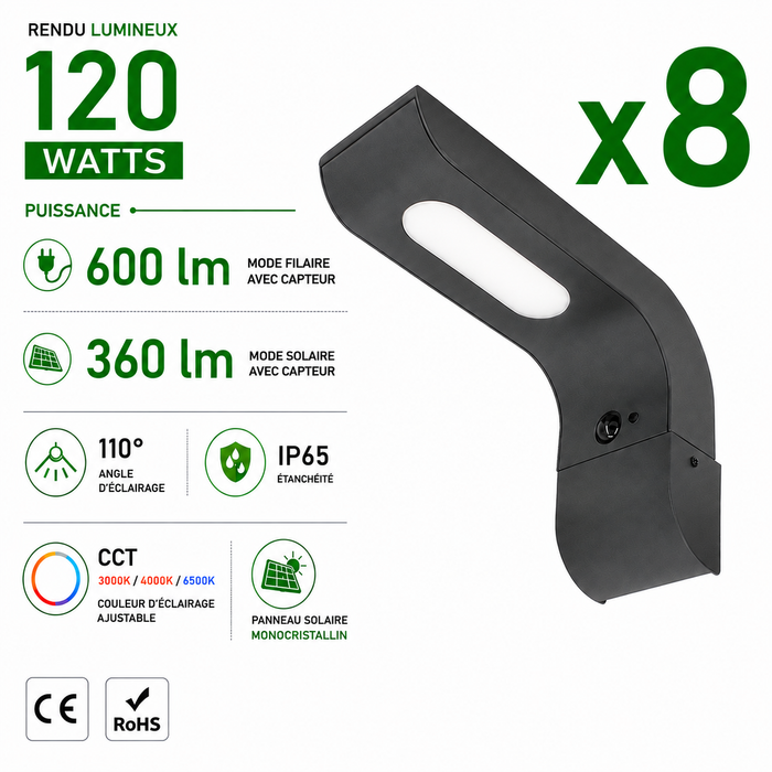 Pack de 8x Appliques murales LED Hybrides - Série APLIK - CCT - Solaire & filaire - 360 / 600 Lumens - Angle 110° - IP65 - 27 x 16 x 9 cm -  Avec capteur crépusculaire - Avec détecteur de mouvement PIR