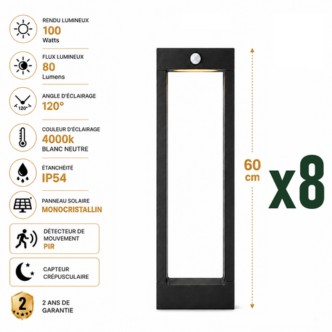 Pack de 8x Balises / Bornes solaires LED - Série BALIZ ALU 60CM - Rendu lumineux 100 Watts - 80 Lumens - Angle 120° - IP54 - 60 x 16 x 5 cm - Avec capteur crépusculaire - Avec détecteur de mouvement PIR - Panneau MONOCRISTALLIN - 4000K