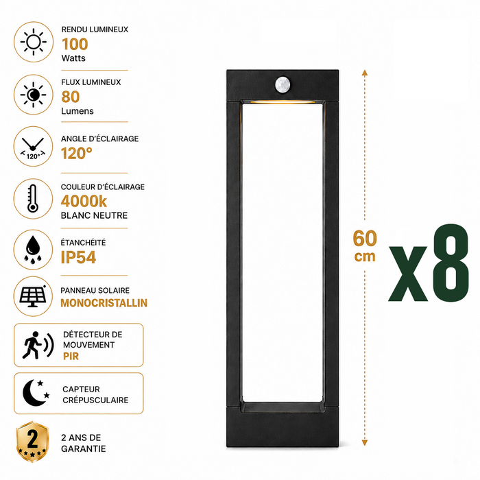 Pack de 8x Balises / Bornes solaires LED - Série BALIZ ALU 60CM - Rendu lumineux 100 Watts - 80 Lumens - Angle 120° - IP54 - 60 x 16 x 5 cm - Avec capteur crépusculaire - Avec détecteur de mouvement PIR - Panneau MONOCRISTALLIN - 4000K