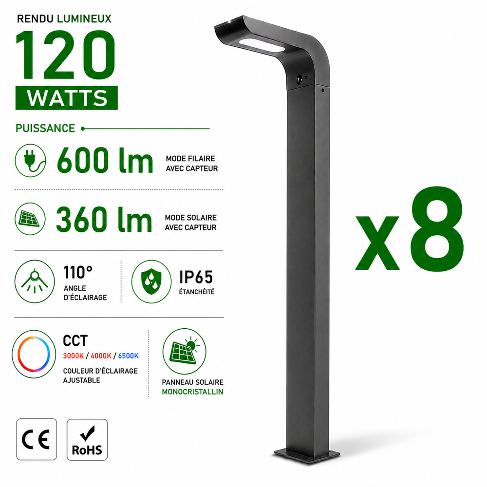 Pack de 8x Balises / Bornes LED Hybrides - Série BALIZ ALU XL - CCT - Solaire & Filaire - 360 / 600 Lumens - Angle 110° - IP65 - 89 x 26 x 9 cm - Avec capteur crépusculaire - Avec détecteur de mouvement PIR