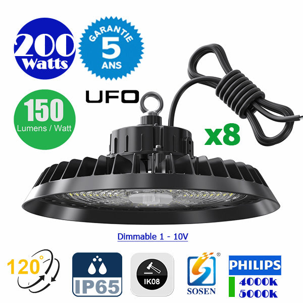 Pack de 8x Lampes industrielles UFO - Série CROSSOVER V1 - 200 Watts - 30 000 Lumens - 150 Lumens/Watt - Angle 120° - IP65 - IK08 - 35 x 14 cm - Dimmable - Transformateur SOSEN - 4000k / 5000k - Garantie 5 ans