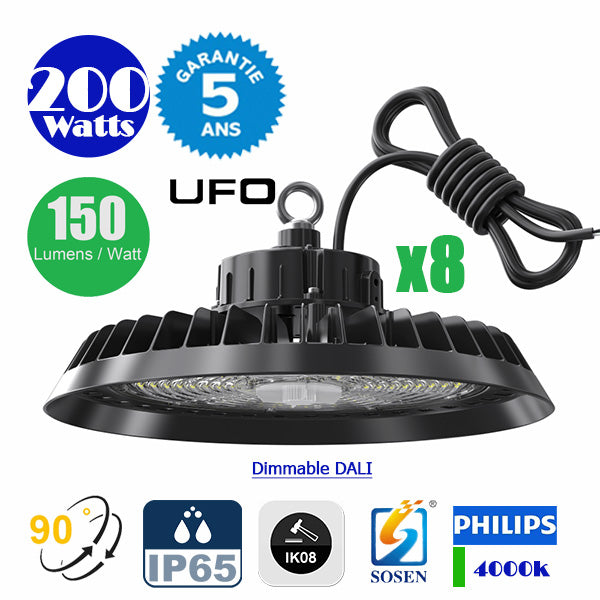 Pack de 8x Lampes industrielles UFO - Série CROSSOVER V1 - 200 Watts - 30 000 Lumens - 150 Lumens/Watt - Angle 90° - IP65 - IK08 - 35 x 14 cm - Dimmable DALI - Transformateur SOSEN - 4000k - Garantie 5 ans
