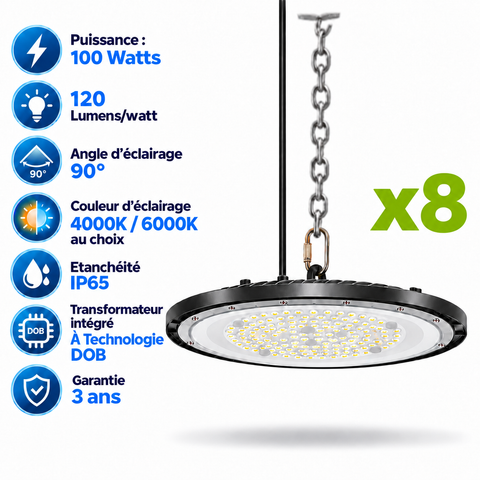 Pack de 8x Lampes industrielles UFO - Série DIAMANT ECO à technologie DOB - 100 Watts - 12 000 Lumens - 120 Lumens/Watt - Angle 90° - IP65 - 26 x 3 cm - 4000K/6000K au choix - Garantie 3 ans