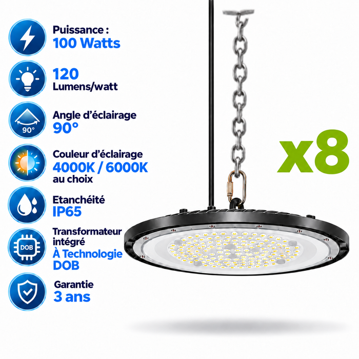 Pack de 8x Lampes industrielles UFO - Série DIAMANT ECO à technologie DOB - 100 Watts - 12 000 Lumens - 120 Lumens/Watt - Angle 90° - IP65 - 26 x 3 cm - 4000K/6000K au choix - Garantie 3 ans